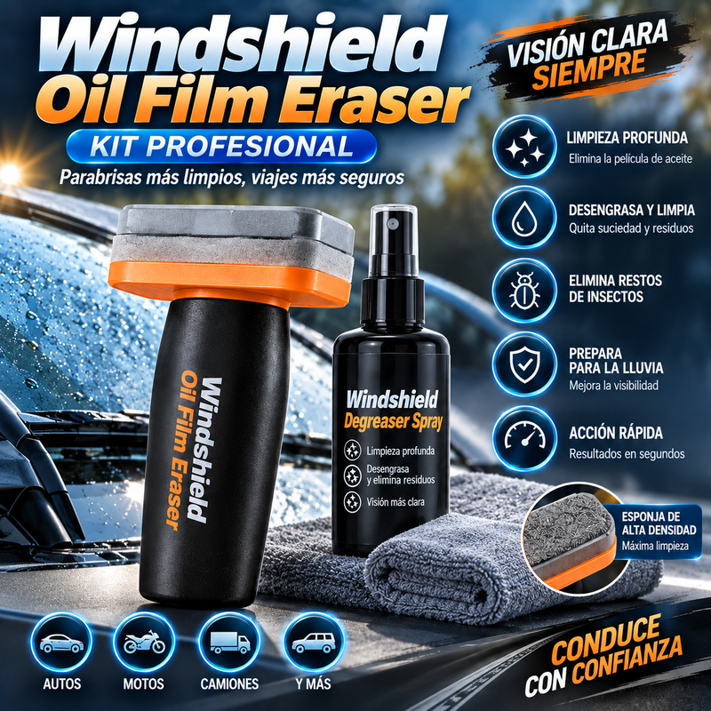 Windshield Oil Film Eraser - Kit profesional  eliminadora de película de aceite para parabrisas: limpiador profundo automotriz «todo en uno» con emulsión limpiadora, esponja, spray desengrasante, eliminador de restos de insectos,