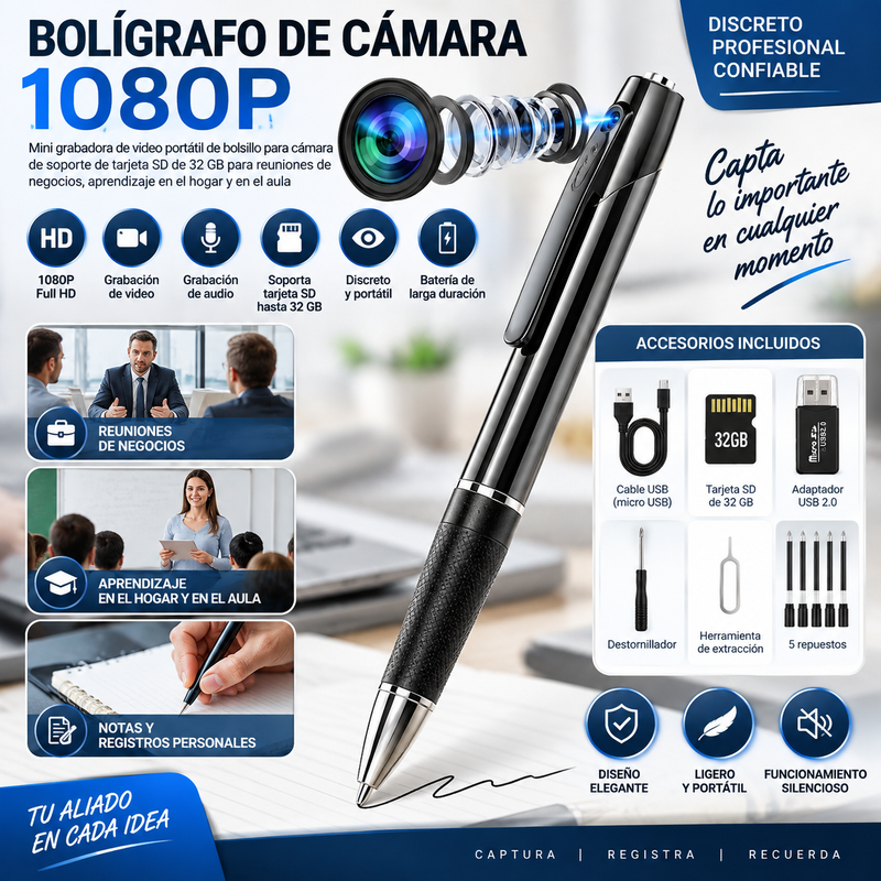 Bolígrafo de cámara 1080P-Mini grabadora de video portátil de bolsillo para cámara de soporte de tarjeta SD de 32 GB para reuniones de negocios, aprendizaje en el hogar y en el aula