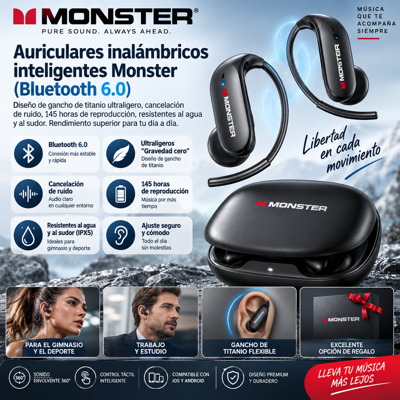 Auriculares inalámbricos inteligentes Monster (Bluetooth 6.0): diseño de gancho de titanio ultraligero ("gravedad cero"), cancelación de ruido, 145 horas de reproducción, auriculares ligeros, resistentes al agua y al sudor (i