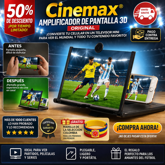 Cinemax® Amplificador de pantalla 3D ORIGINAL, convierte tu celular en un televisor mini para ver los partidos del mundial + manilla de la selección Colombia GRATIS (Para los primeros 200 pedidos)