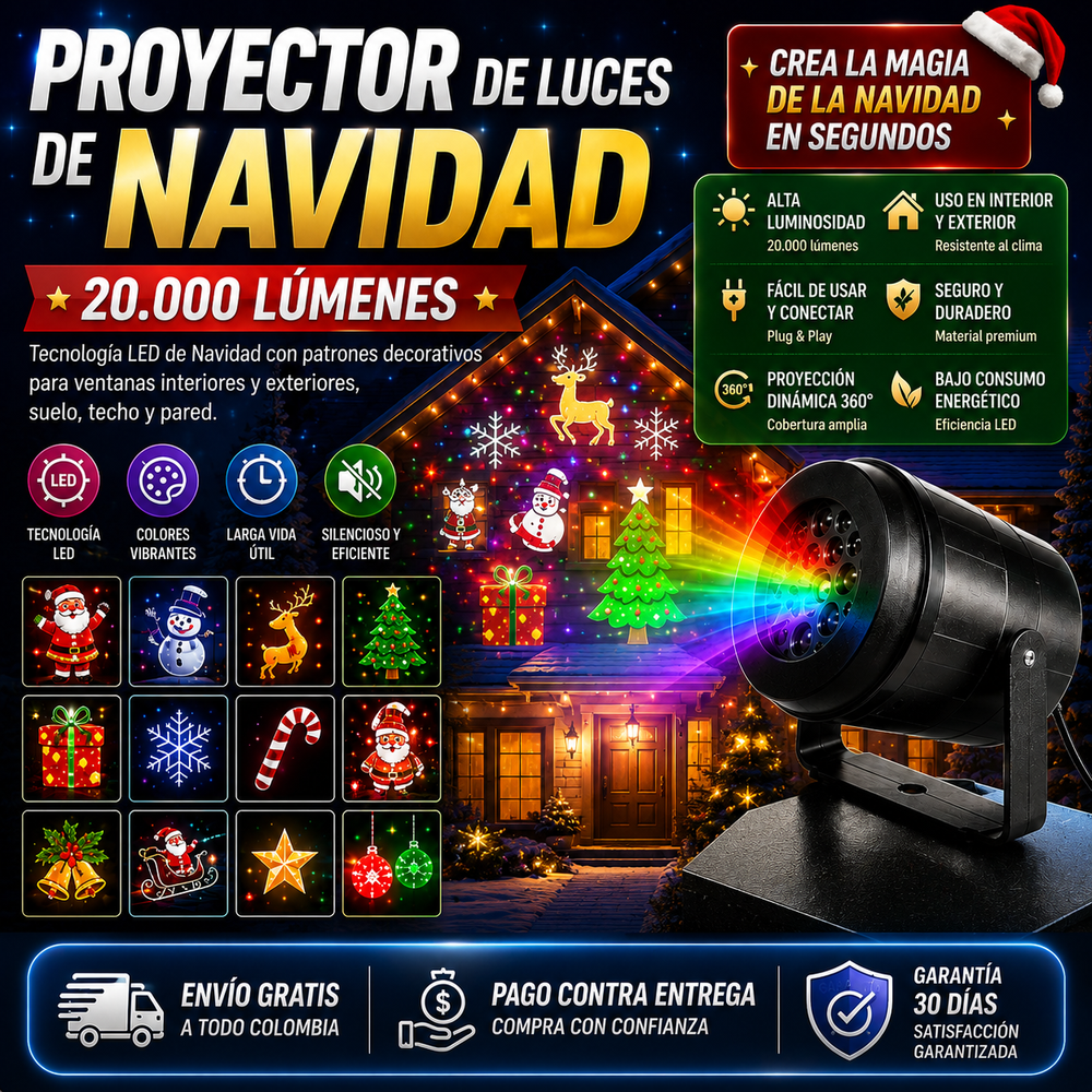 Proyector de luces de Navidad de 20.000 lumenes para interiores y exteriores, teconologia LED de Navidad con patrones decorativos de Navidad para ventanas interiores y exteriores, suelo, techo y pared