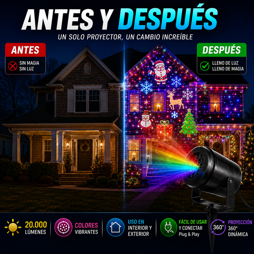 Proyector de luces de Navidad de 20.000 lumenes para interiores y exteriores, teconologia LED de Navidad con patrones decorativos de Navidad para ventanas interiores y exteriores, suelo, techo y pared