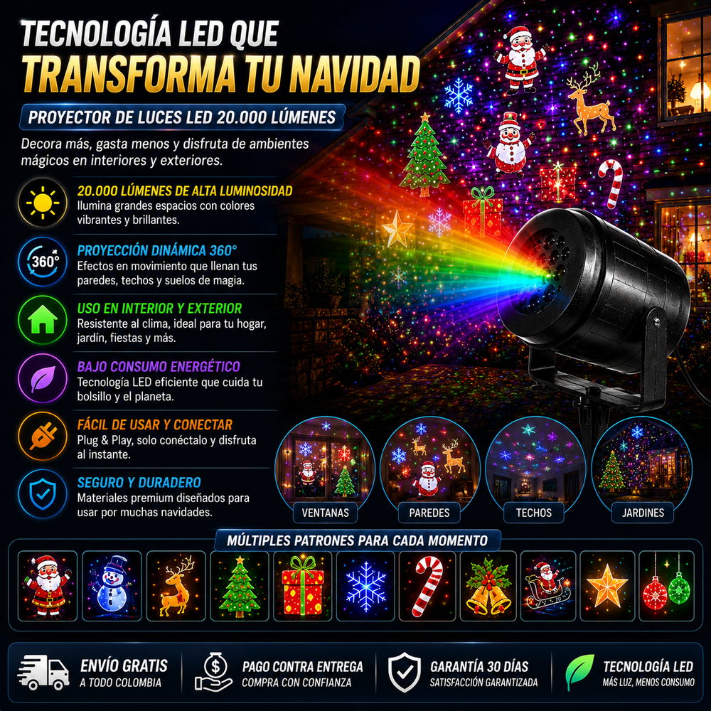 Proyector de luces de Navidad de 20.000 lumenes para interiores y exteriores, teconologia LED de Navidad con patrones decorativos de Navidad para ventanas interiores y exteriores, suelo, techo y pared