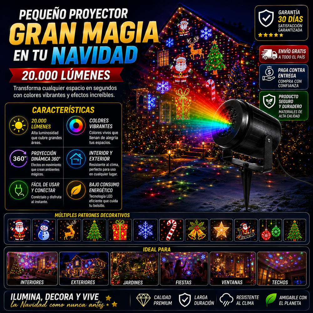 Proyector de luces de Navidad de 20.000 lumenes para interiores y exteriores, teconologia LED de Navidad con patrones decorativos de Navidad para ventanas interiores y exteriores, suelo, techo y pared