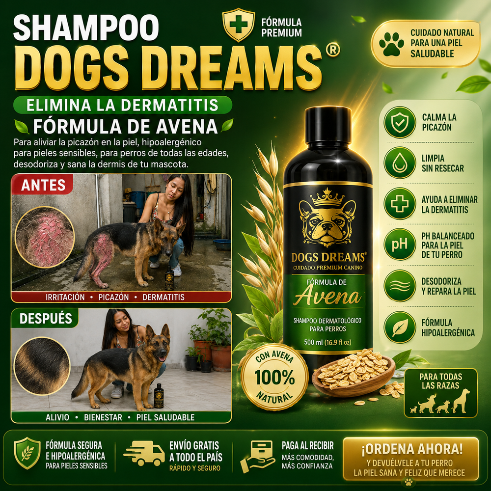 Shampoo Dogs Dreams® - elimina la dermatitis formula de avena para aliviar la picazón en la piel, hipoalergénico para pieles sensibles, para perros de todas las edades, desodoriza y sana la dermis de tu mascota