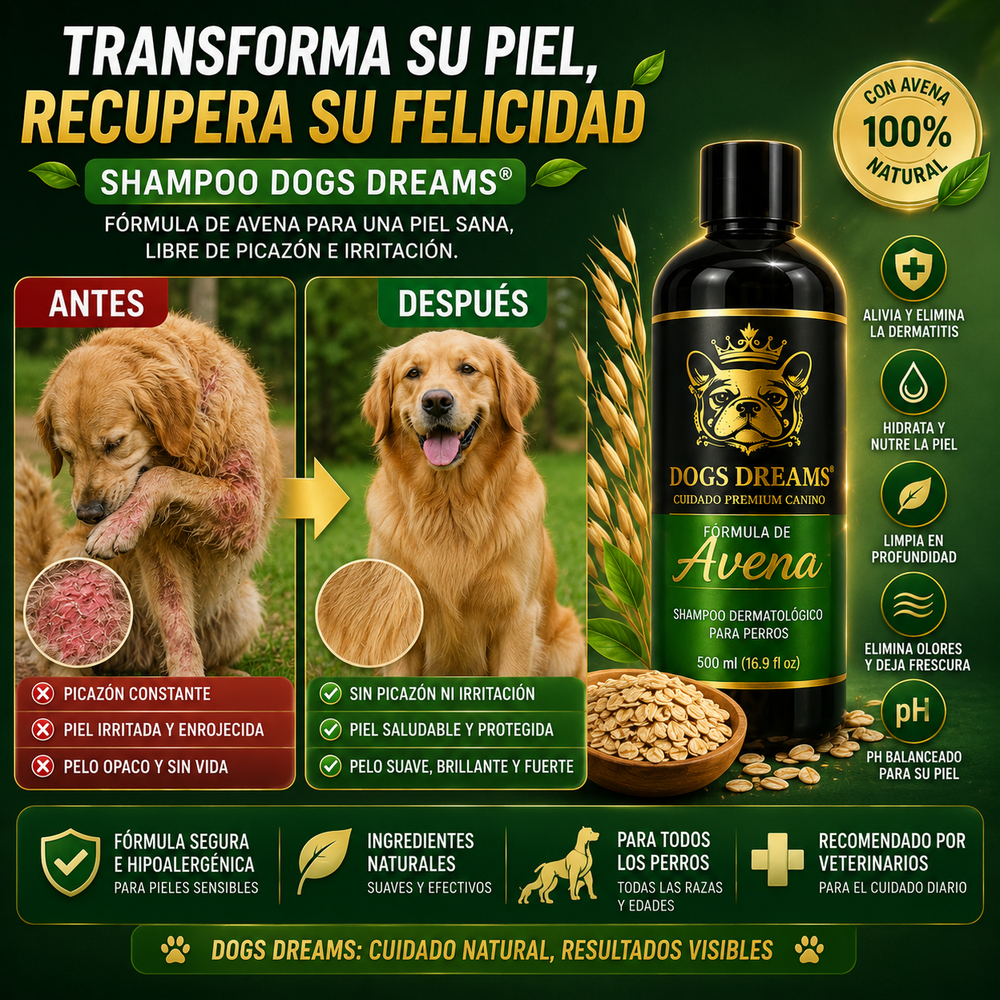 Shampoo Dogs Dreams® - elimina la dermatitis formula de avena para aliviar la picazón en la piel, hipoalergénico para pieles sensibles, para perros de todas las edades, desodoriza y sana la dermis de tu mascota