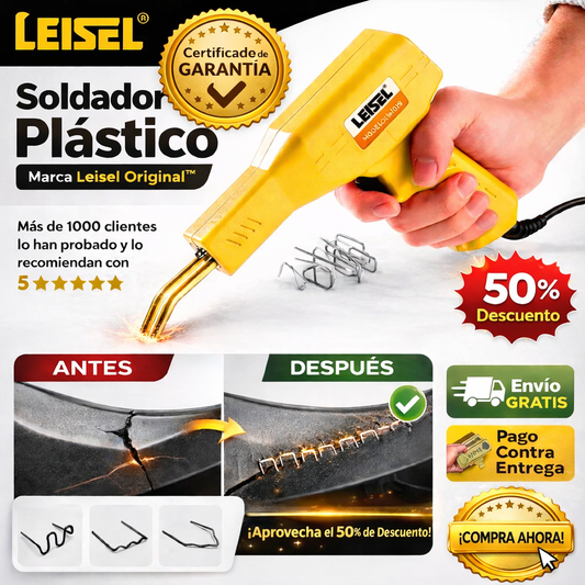 Combo soldador de Plástico LEISEL® 10000 mAh con soldador laser inteligente - 30 Grapas planas, 30 grapas curvas, 30 grapas tipo U,  1 soldador laser + unos guantes industriales