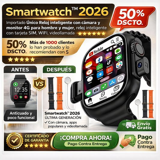 Smartwatch 2026 importado™️  Unico Reloj inteligente con cámara y monitor 4G para hombre y mujer, reloj inteligente con tarjeta SIM, WIFI, videollamada - INCLUYE CORREAS PARA CAMBIO
