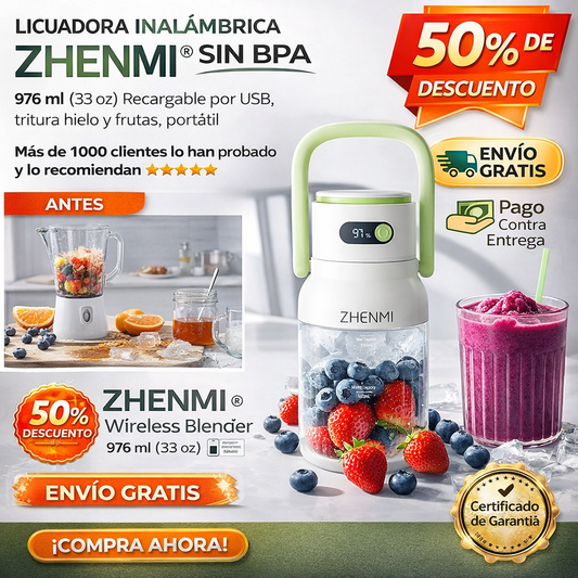 Licuadora inalámbrica ZHENMI ®️ sin BPA, 976 ml (33 oz), tritura hielo y frutar, es recargable por USB. Prepara batidos para fiestas, smoothies matutinos y bebidas saludables, es portátil