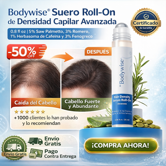 Bodywise®️ Suero roll-on de densidad capilar avanzada de 0.8 fl oz | 5% Saw Palmetto, 3% romero, 1% herbasoma de cafeína y 3% fenogreco