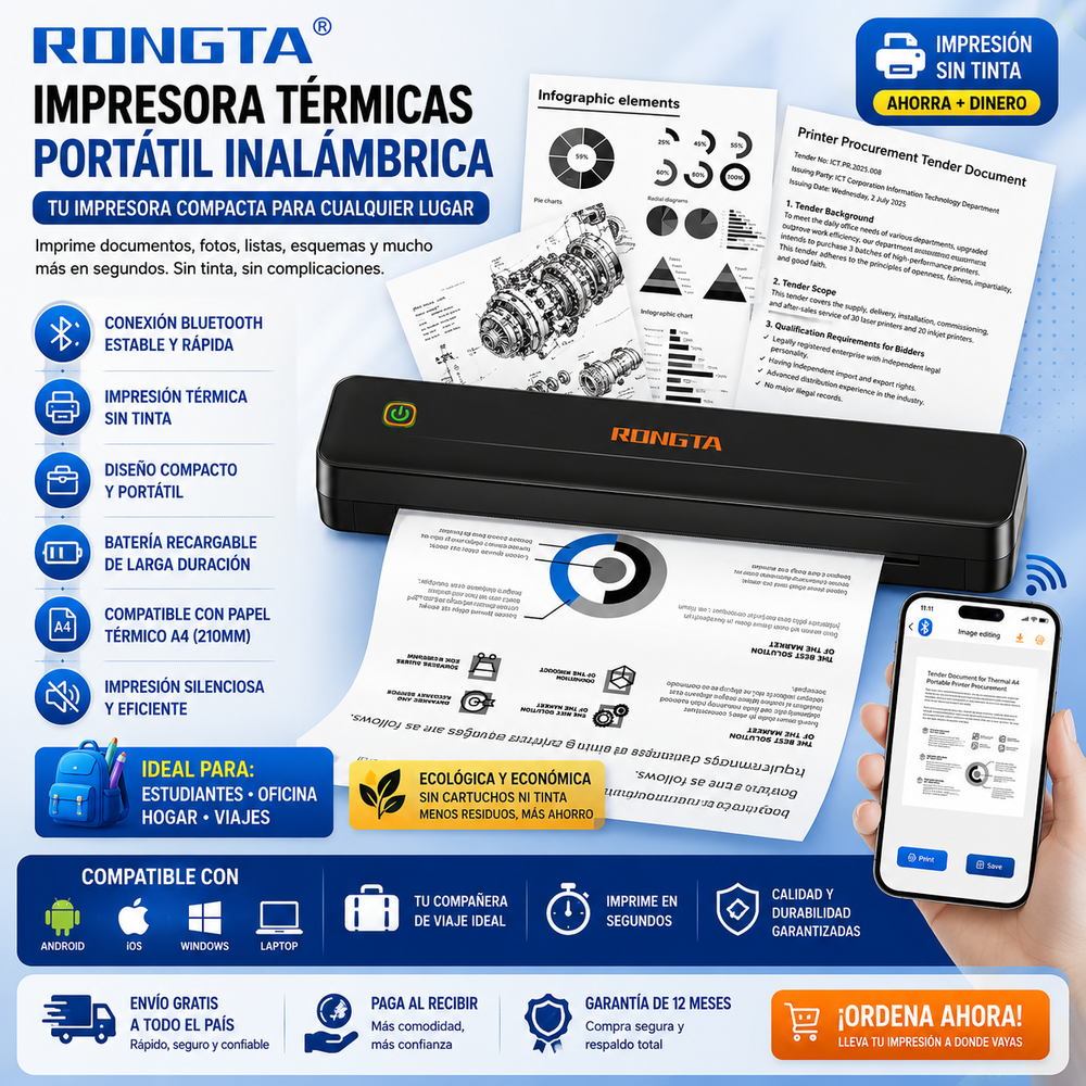 Rongta® Impresora térmicas portátil inalámbrica para viajes, impresora móvil Bluetooth, impresora sin tinta para uso escolar, oficina, hogar, compatible con Android, iOS y laptop