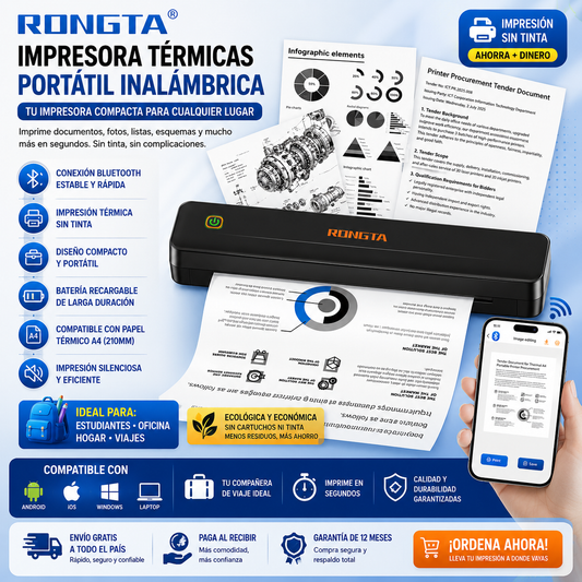 Rongta® Impresora térmicas portátil inalámbrica para viajes, impresora móvil Bluetooth, impresora sin tinta para uso escolar, oficina, hogar, compatible con Android, iOS y laptop