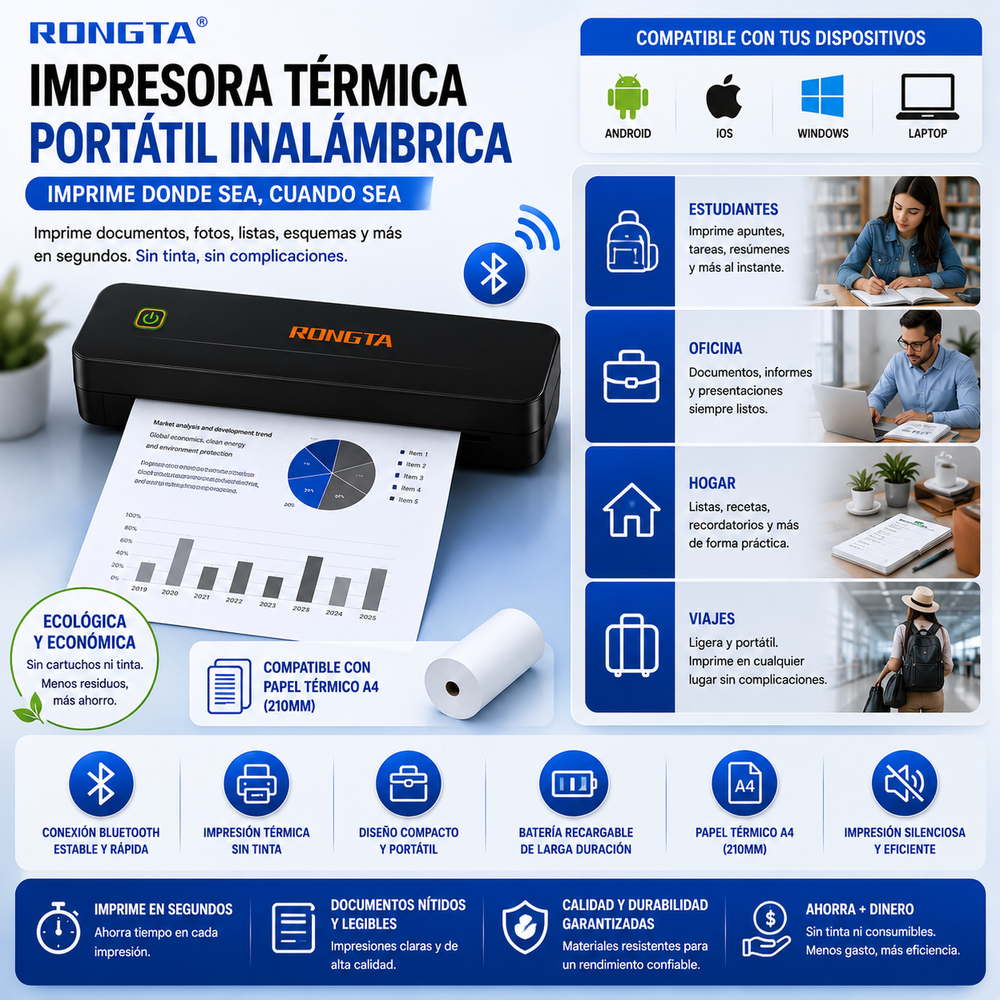 Rongta® Impresora térmicas portátil inalámbrica para viajes, impresora móvil Bluetooth, impresora sin tinta para uso escolar, oficina, hogar, compatible con Android, iOS y laptop