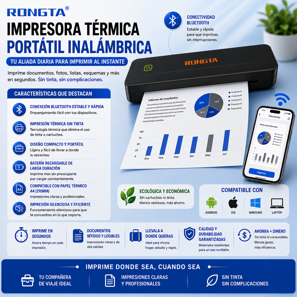 Rongta® Impresora térmicas portátil inalámbrica para viajes, impresora móvil Bluetooth, impresora sin tinta para uso escolar, oficina, hogar, compatible con Android, iOS y laptop
