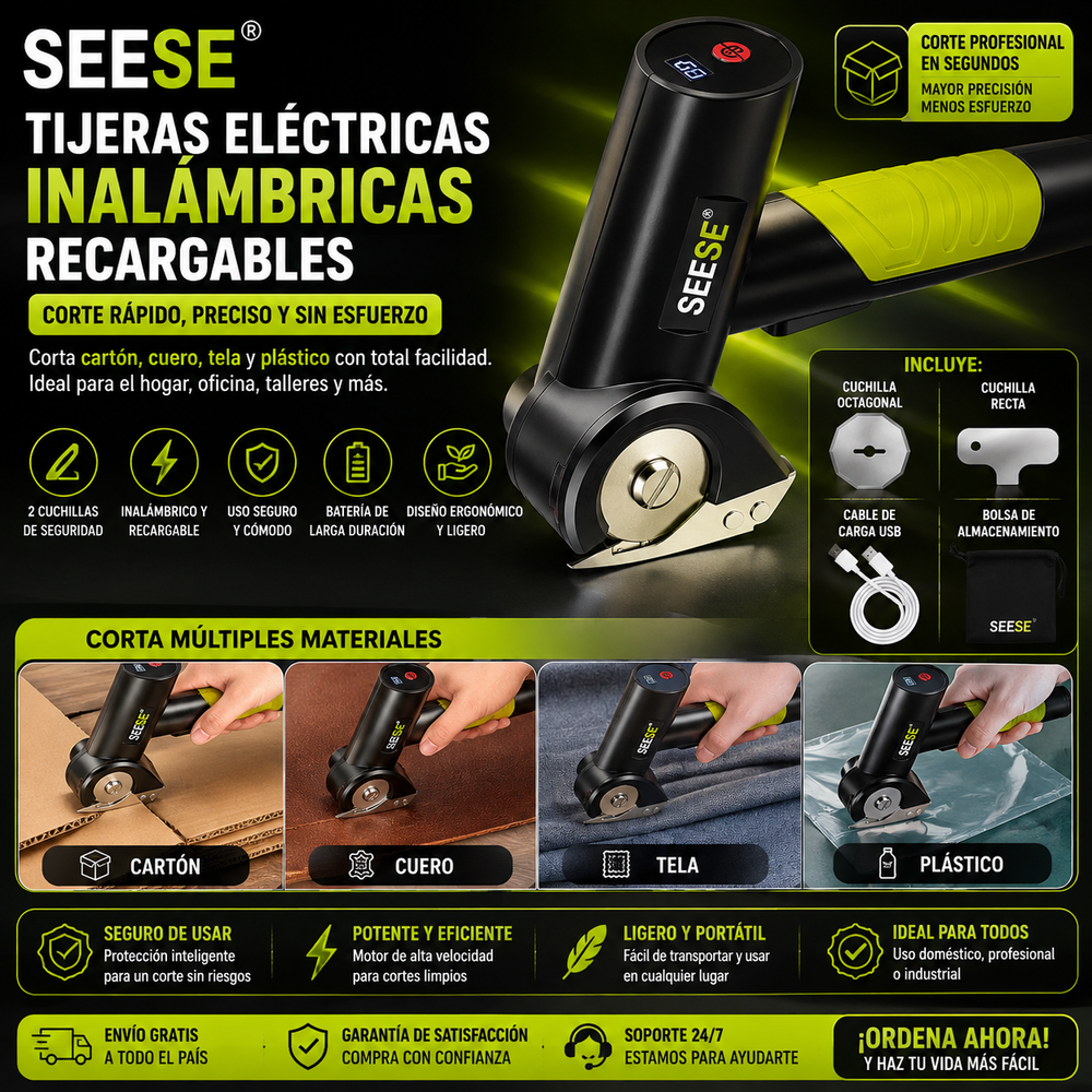 SEESE® Tijeras eléctricas inalámbricas recargables: Corta cartón, cuero, tela y plástico, cortador eléctrico de caja de cartón con 2 cuchillas de seguridad y bolsa de almacenamiento