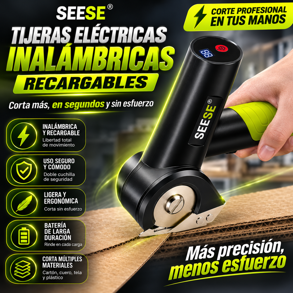 SEESE® Tijeras eléctricas inalámbricas recargables: Corta cartón, cuero, tela y plástico, cortador eléctrico de caja de cartón con 2 cuchillas de seguridad y bolsa de almacenamiento