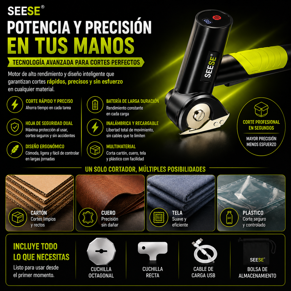 SEESE® Tijeras eléctricas inalámbricas recargables: Corta cartón, cuero, tela y plástico, cortador eléctrico de caja de cartón con 2 cuchillas de seguridad y bolsa de almacenamiento