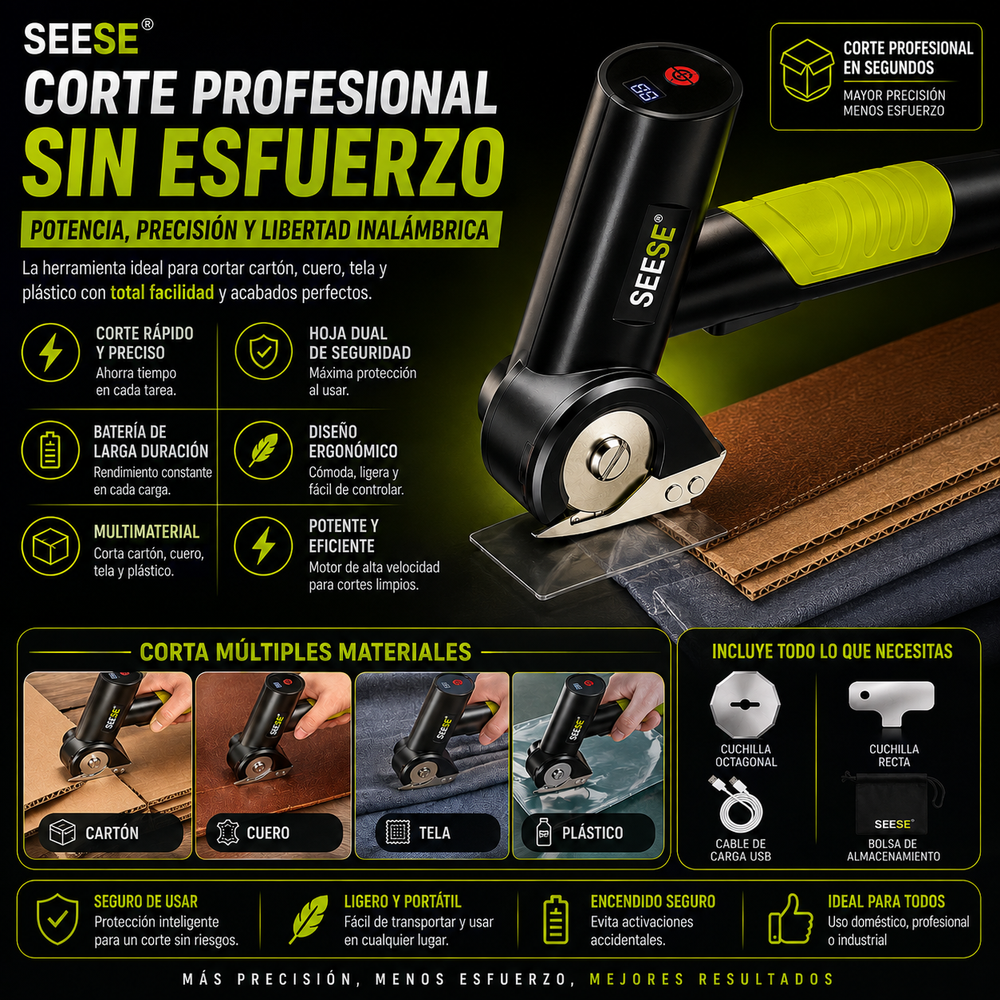SEESE® Tijeras eléctricas inalámbricas recargables: Corta cartón, cuero, tela y plástico, cortador eléctrico de caja de cartón con 2 cuchillas de seguridad y bolsa de almacenamiento