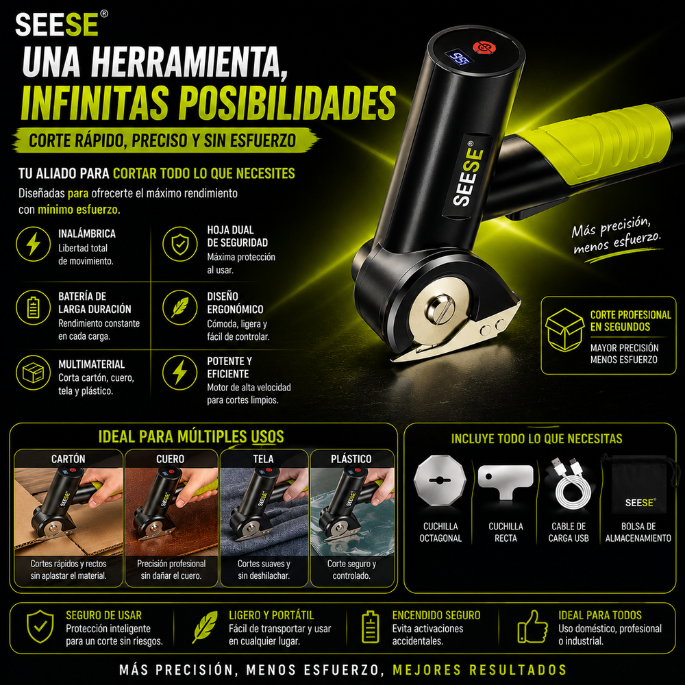 SEESE® Tijeras eléctricas inalámbricas recargables: Corta cartón, cuero, tela y plástico, cortador eléctrico de caja de cartón con 2 cuchillas de seguridad y bolsa de almacenamiento