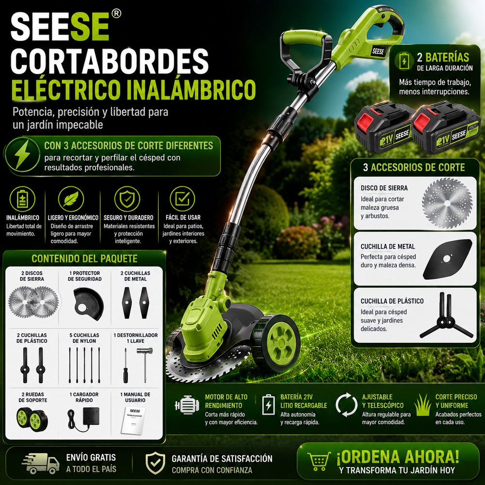 SEESE® Cortabordes eléctrico inalámbrico on 3 accesorios de corte diferentes para recortar y perfilar el césped, incluye 2 baterías y diseño de arrastre ligero; ideal para patios y jardines interiores y exteriores