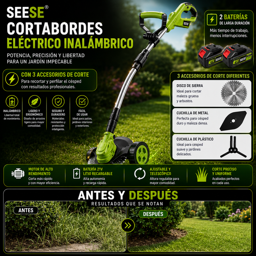 SEESE® Cortabordes eléctrico inalámbrico on 3 accesorios de corte diferentes para recortar y perfilar el césped, incluye 2 baterías y diseño de arrastre ligero; ideal para patios y jardines interiores y exteriores