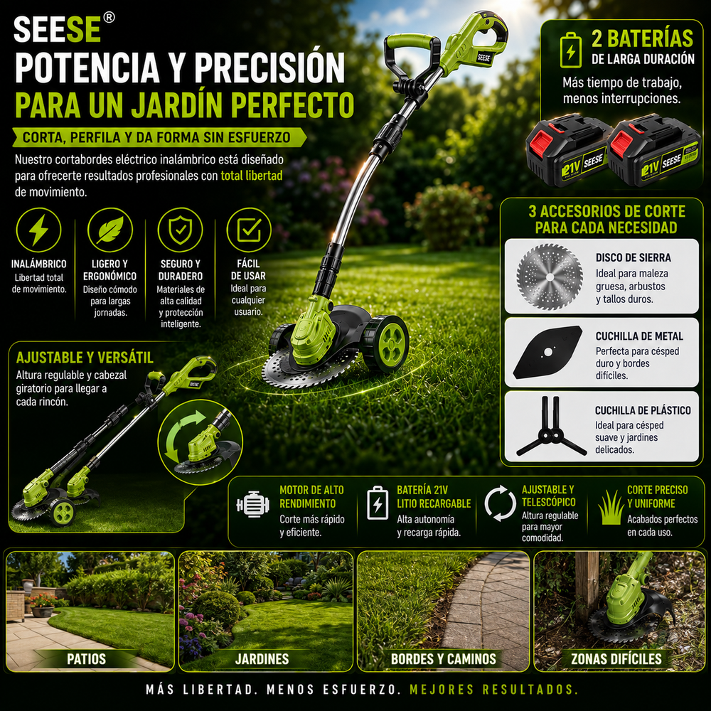 SEESE® Cortabordes eléctrico inalámbrico on 3 accesorios de corte diferentes para recortar y perfilar el césped, incluye 2 baterías y diseño de arrastre ligero; ideal para patios y jardines interiores y exteriores