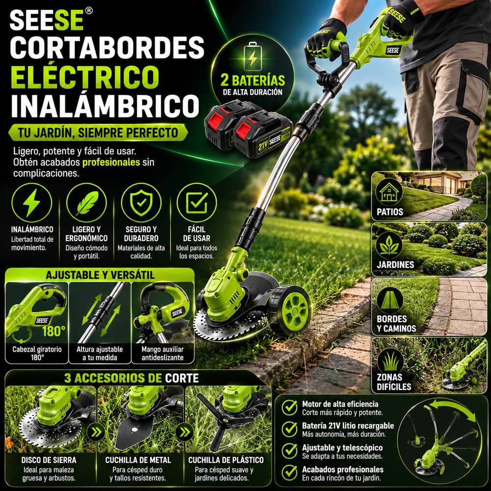 SEESE® Cortabordes eléctrico inalámbrico on 3 accesorios de corte diferentes para recortar y perfilar el césped, incluye 2 baterías y diseño de arrastre ligero; ideal para patios y jardines interiores y exteriores