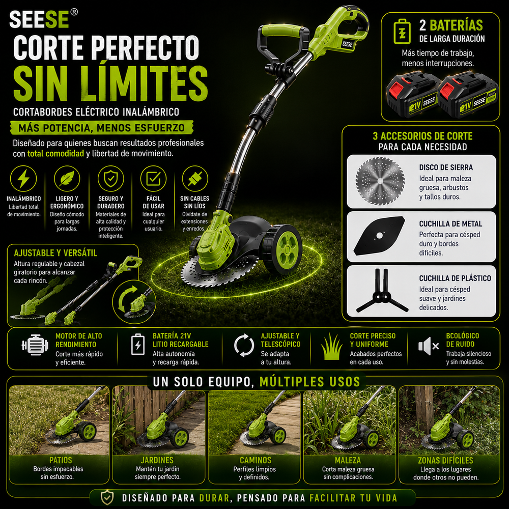 SEESE® Cortabordes eléctrico inalámbrico on 3 accesorios de corte diferentes para recortar y perfilar el césped, incluye 2 baterías y diseño de arrastre ligero; ideal para patios y jardines interiores y exteriores