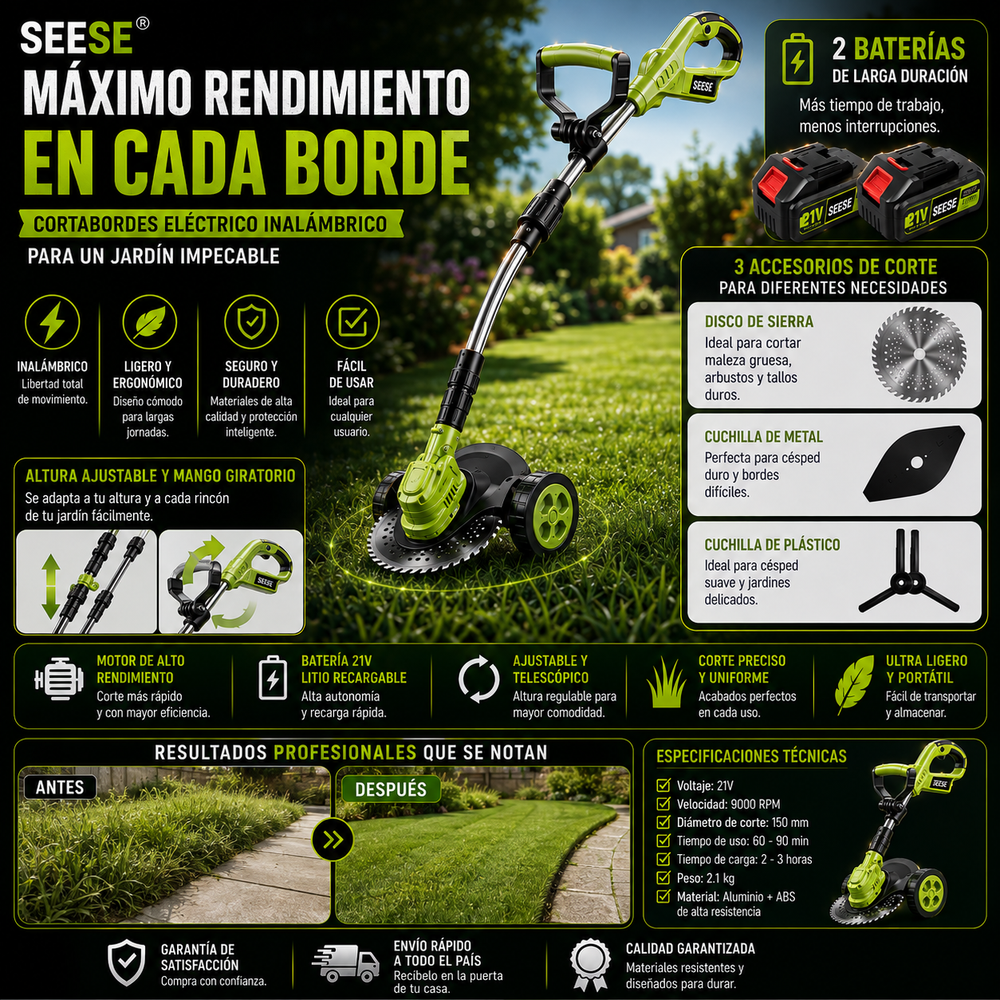 SEESE® Cortabordes eléctrico inalámbrico on 3 accesorios de corte diferentes para recortar y perfilar el césped, incluye 2 baterías y diseño de arrastre ligero; ideal para patios y jardines interiores y exteriores