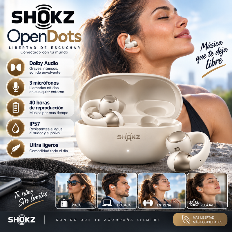 SHOKZ OpenDots Auriculares de clip de oído abierto, Dolby Audio, 3 micrófonos. Graves intensos con Dolby Audio; llamadas nítidas con 3 micrófonos; 40 horas de reproducción; IP57; Bluetooth 6.1