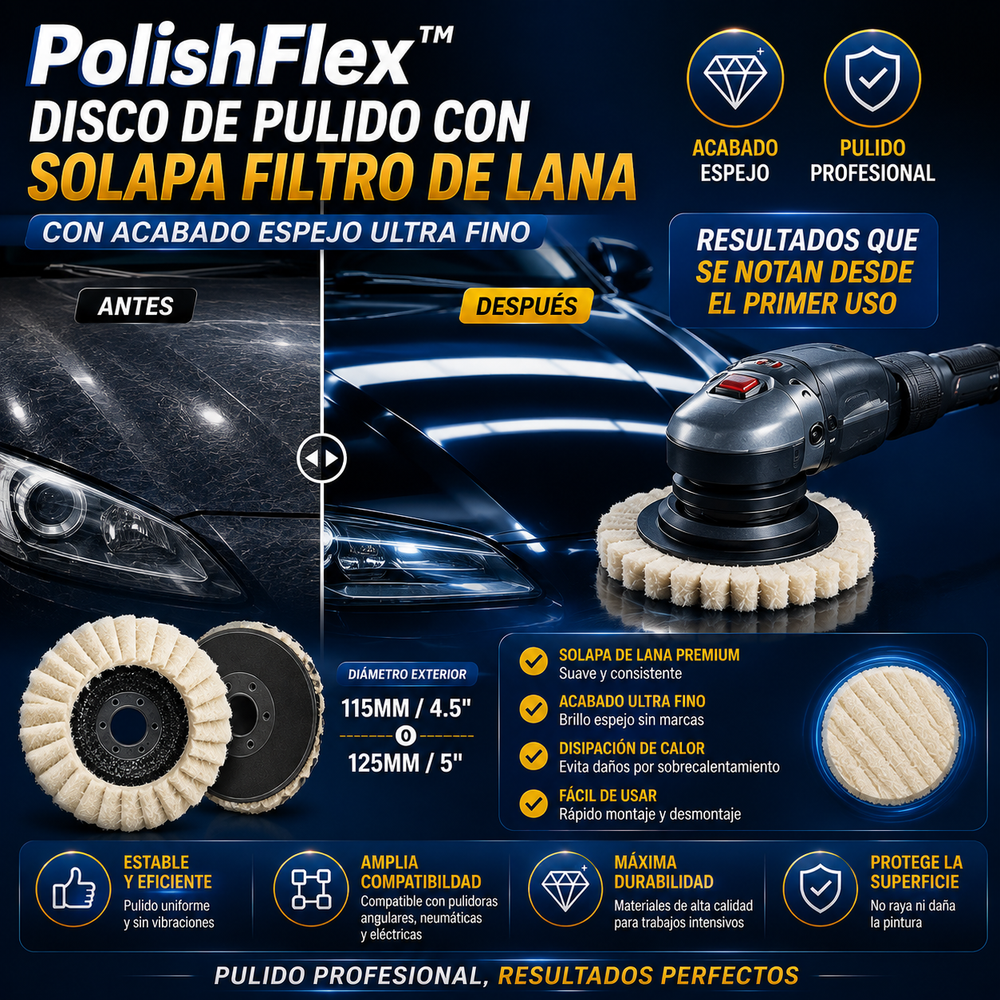 PolishFlex™️ – Disco de pulido con solapa filtro de lana con acabado espejo ultra fino