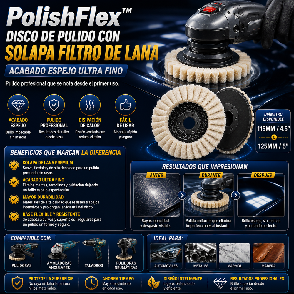 PolishFlex™️ – Disco de pulido con solapa filtro de lana con acabado espejo ultra fino