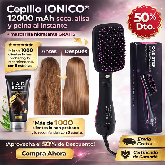 Cepillo IONICO® 12000 mAh seca, alisa y peina al instante + mascarilla hidratante GRATIS