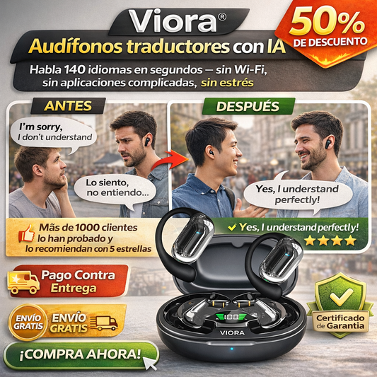 Viora® Audífonos traductores con IA, Habla 140 idiomas en segundos — sin Wi-Fi, sin aplicaciones complicadas, sin estrés.