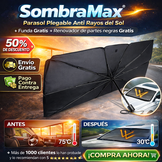 SombraMax®️ Parasol Plegable Anti Rayos del Sol + Funda Gratis + Renovador de partes negras Gratis
