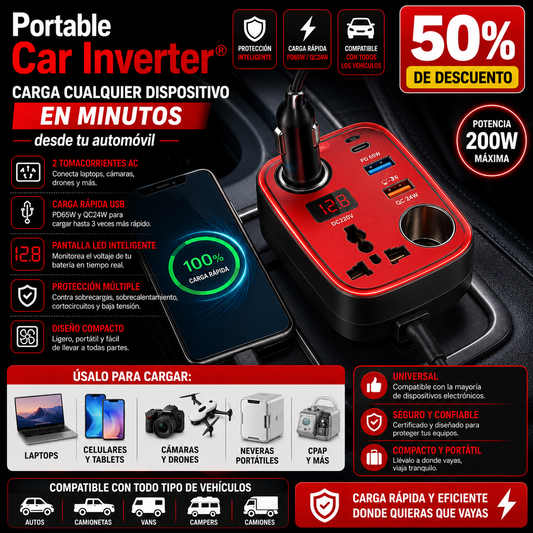 Portable Car Inverter® Carga cualquier dispositivo en minutos desde tu automovil