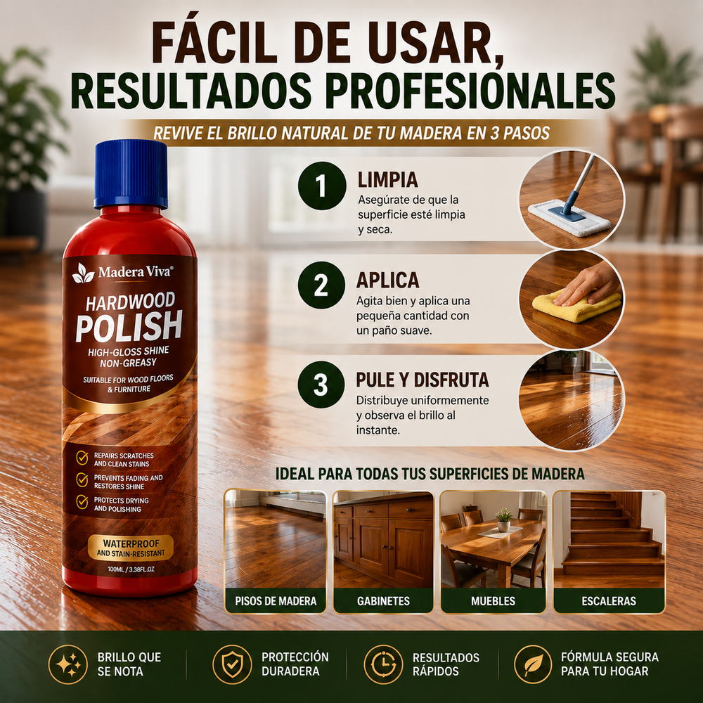 Madera Viva®️ Restaura y protege tus pisos de madera Brillo intenso instantáneo para las superficies de tu hogar