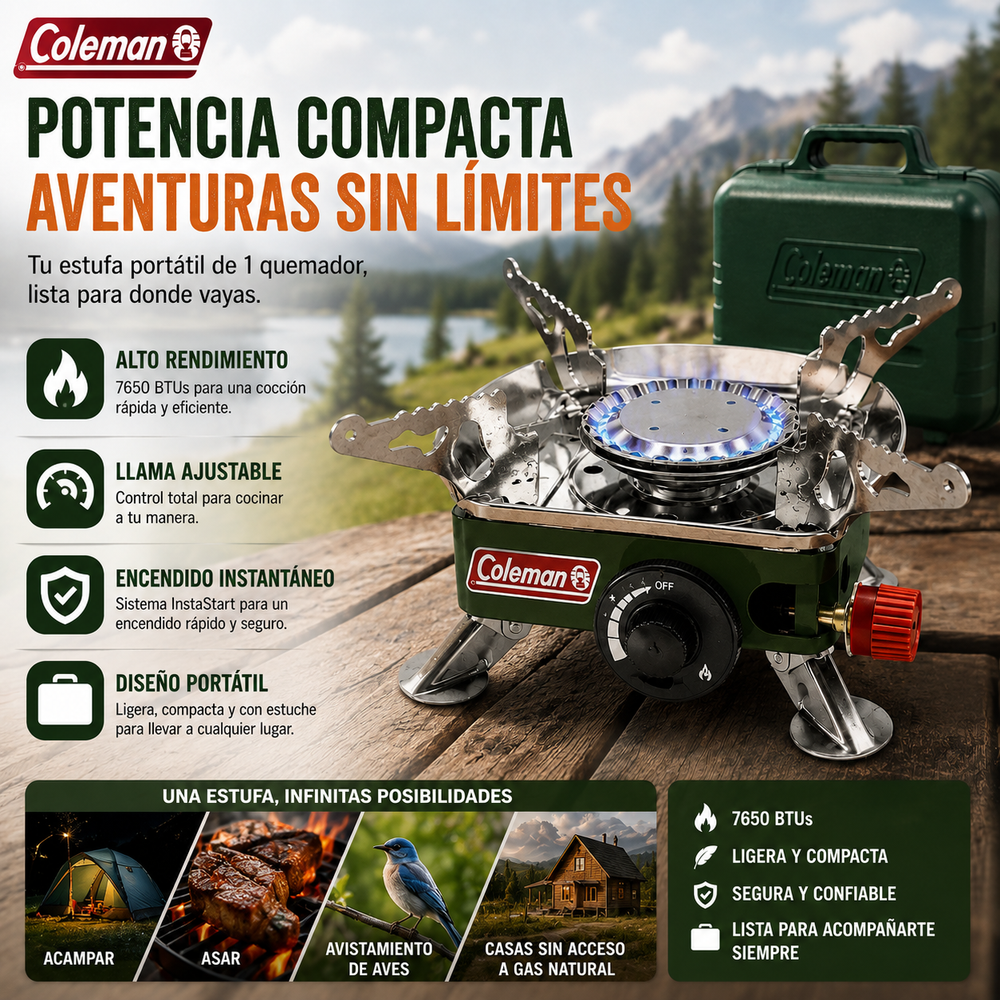 Estufa Coleman Classic de 1 quemador de butano, estufa portátil de camping con estuche de transporte e ignición InstaStart, quemador ajustable con 7650 BTUs de potencia para acampar, asar, avistamiento de aves y casas sin acceso a gas natural