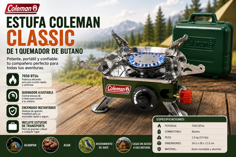 Estufa Coleman Classic de 1 quemador de butano, estufa portátil de camping con estuche de transporte e ignición InstaStart, quemador ajustable con 7650 BTUs de potencia para acampar, asar, avistamiento de aves y casas sin acceso a gas natural