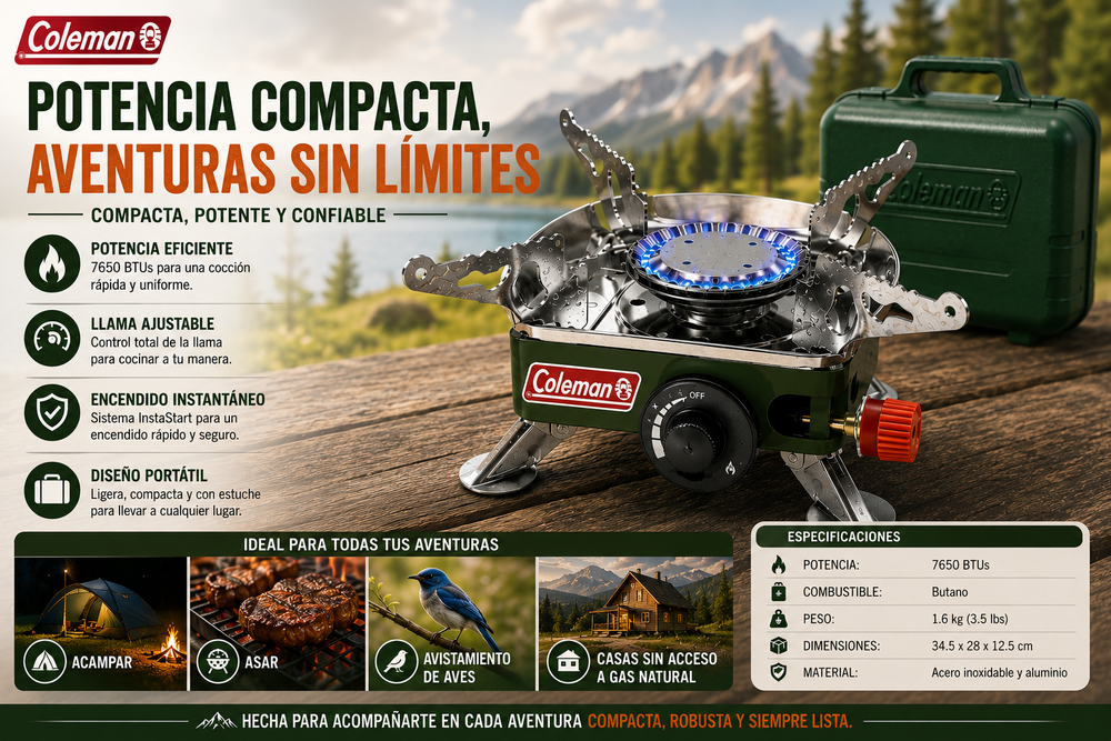 Estufa Coleman Classic de 1 quemador de butano, estufa portátil de camping con estuche de transporte e ignición InstaStart, quemador ajustable con 7650 BTUs de potencia para acampar, asar, avistamiento de aves y casas sin acceso a gas natural