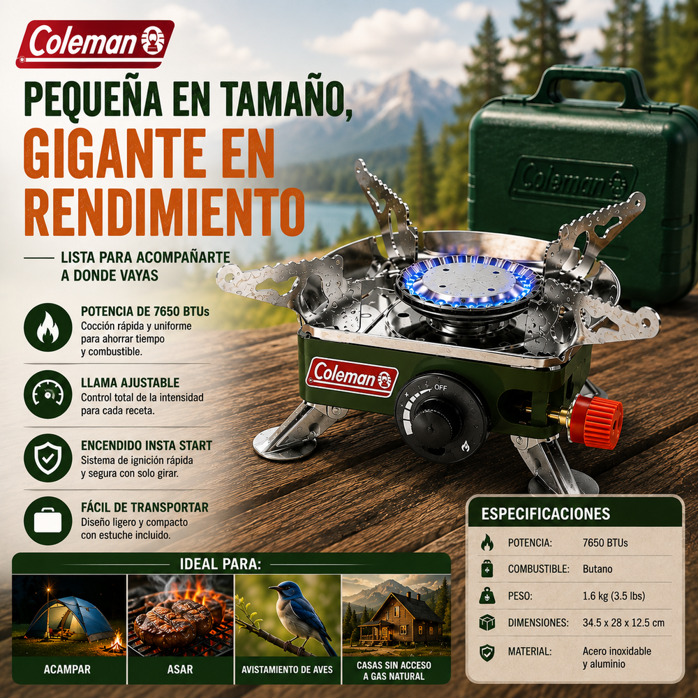 Estufa Coleman Classic de 1 quemador de butano, estufa portátil de camping con estuche de transporte e ignición InstaStart, quemador ajustable con 7650 BTUs de potencia para acampar, asar, avistamiento de aves y casas sin acceso a gas natural