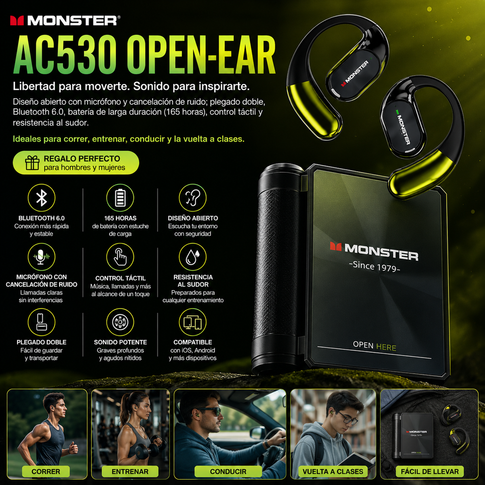 Monster AC530 Open-Ear  de diseño abierto con micrófono y cancelación de ruido; plegado doble, Bluetooth 6.0, batería de larga duración (165 horas). Ideales para correr, entrenar, conducir y la vuelta a clases. Regalo para hombres y mujeres