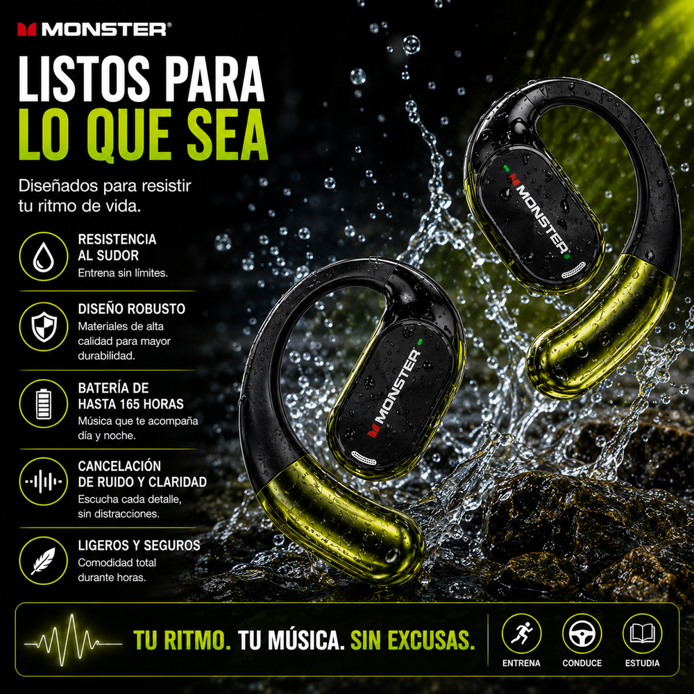Monster AC530 Open-Ear  de diseño abierto con micrófono y cancelación de ruido; plegado doble, Bluetooth 6.0, batería de larga duración (165 horas). Ideales para correr, entrenar, conducir y la vuelta a clases. Regalo para hombres y mujeres