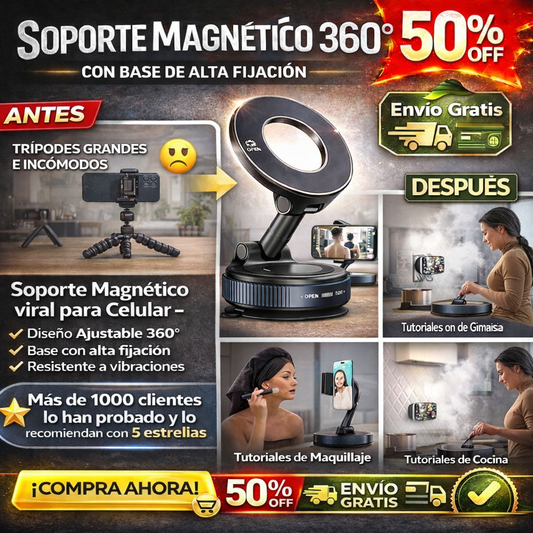Soporte Magnético viral 360° para Celular –  con base ajustable y ultra firme anti vibración