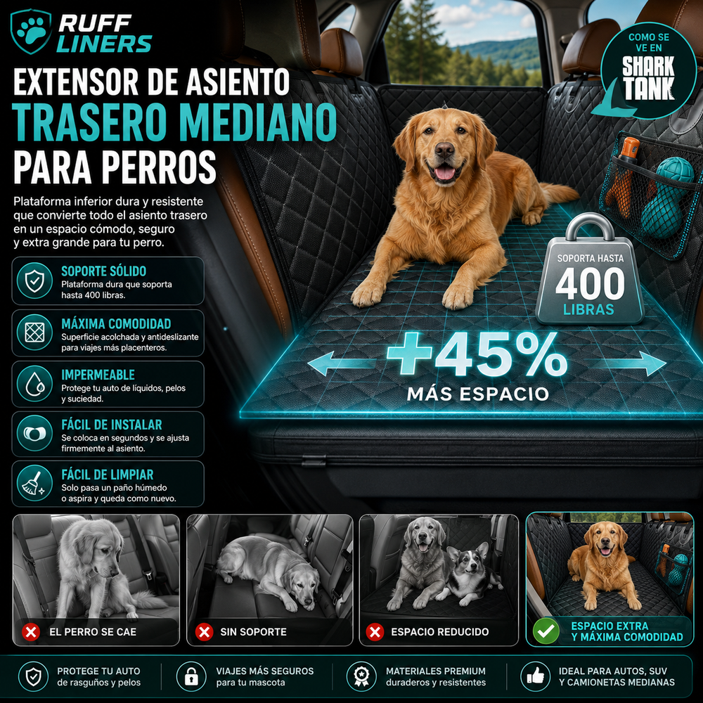 Ruff Liners Extensor de asiento trasero mediano para perros, color negro, como se ve en Shark Tank, plataforma inferior dura para automóviles, SUV y camiones de tamaño mediano, soporte de 400 libras