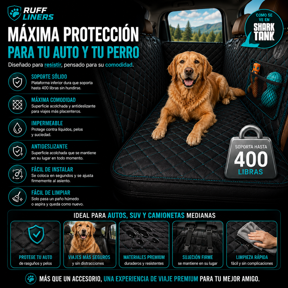 Ruff Liners Extensor de asiento trasero mediano para perros, color negro, como se ve en Shark Tank, plataforma inferior dura para automóviles, SUV y camiones de tamaño mediano, soporte de 400 libras