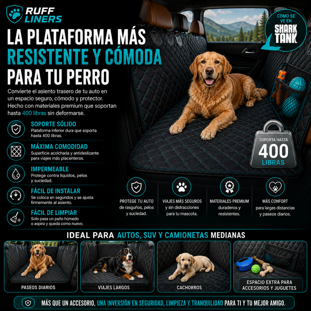 Ruff Liners Extensor de asiento trasero mediano para perros, color negro, como se ve en Shark Tank, plataforma inferior dura para automóviles, SUV y camiones de tamaño mediano, soporte de 400 libras