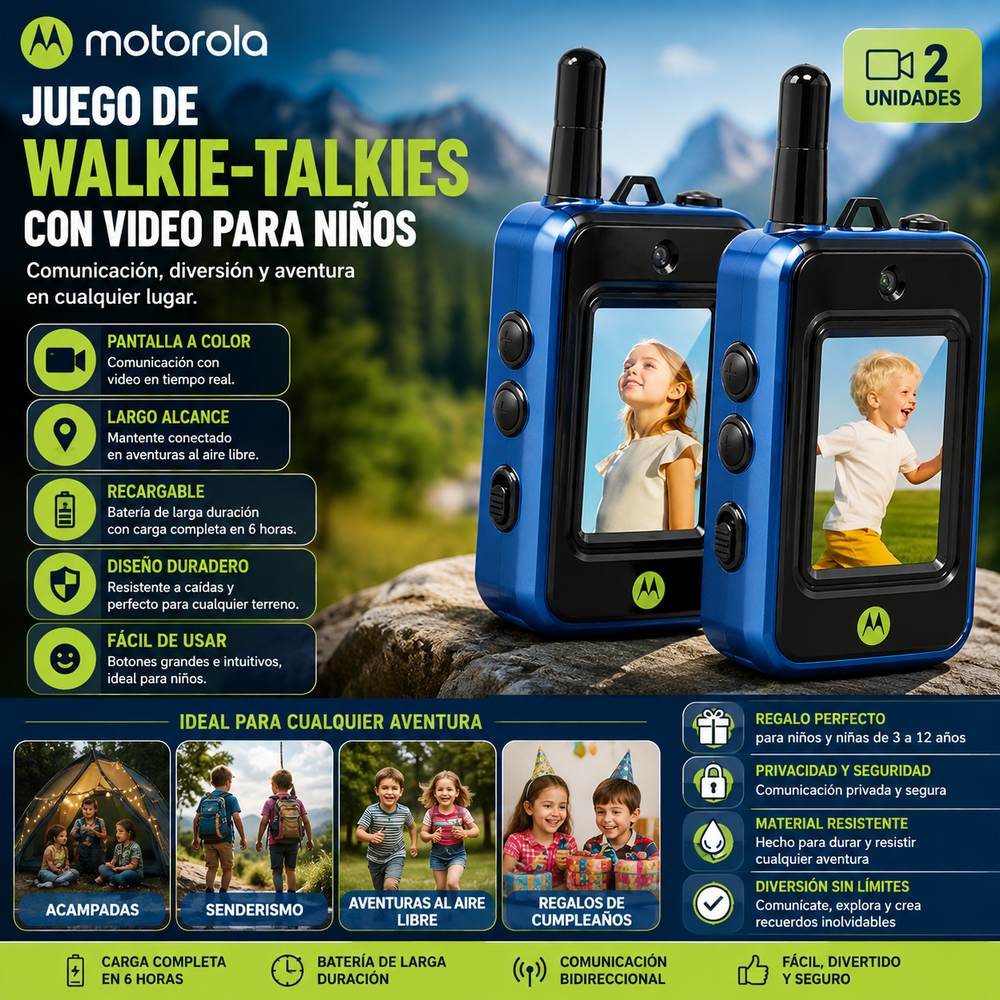 Motorola® Juego de walkie-talkies con video para niños (2 unidades), juguetes de radio bidireccional recargables de largo alcance; ideal para aventuras al aire libre, acampadas, senderismo y regalos de cumpleaños; diseño duradero y con carga de 6 horas