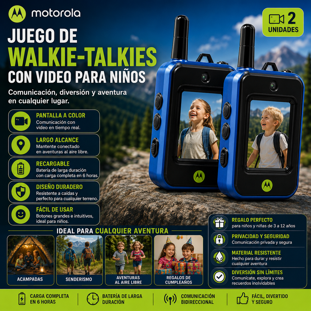 Motorola® Juego de walkie-talkies con video para niños (2 unidades), juguetes de radio bidireccional recargables de largo alcance; ideal para aventuras al aire libre, acampadas, senderismo y regalos de cumpleaños; diseño duradero y con carga de 6 horas