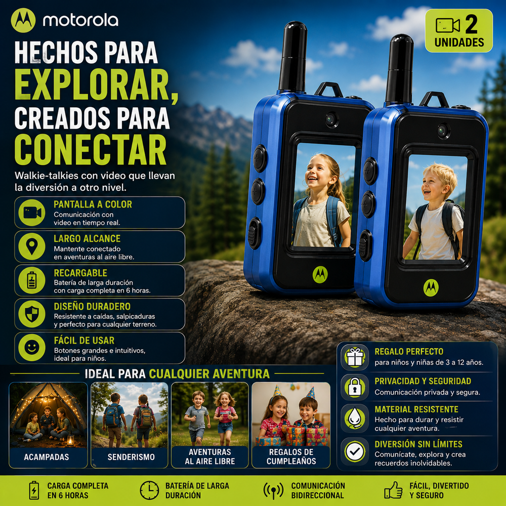 Motorola® Juego de walkie-talkies con video para niños (2 unidades), juguetes de radio bidireccional recargables de largo alcance; ideal para aventuras al aire libre, acampadas, senderismo y regalos de cumpleaños; diseño duradero y con carga de 6 horas